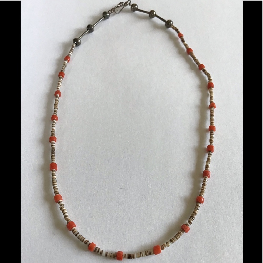 Vintage Red Coral Heishi Beads Silver Necklace 18"